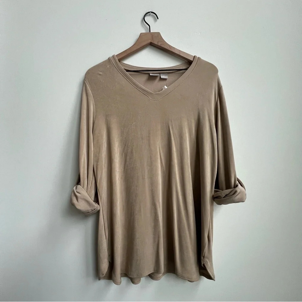 Chicos NWT Travelers Sand V-Neck Long Roll Tab Sleeve Slinky Top Size 2 (12-14) - Picture 3 of 14